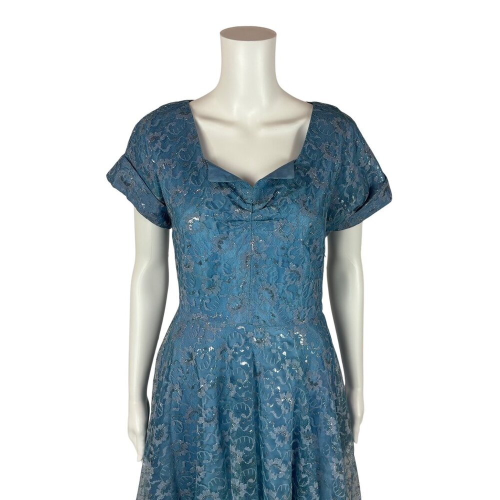 Vintage 50s Lace Dress Women's Small Blue Silver Cinderella Party Fit & Flare - Picture 3 of 11